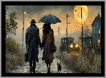 Dom, Parasolka, Latarnie, Kobieta, Samochód, Mężczyzna, Deszcz, Pies